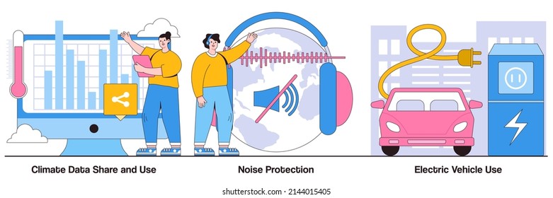 Uso y uso compartido de datos climáticos, protección de ruido, conceptos de uso de vehículos eléctricos con personajes de personas. Divulgación de información meteorológica, defensa de la naturaleza, paquete de ilustración de vectores de transporte respetuoso con el medio ambiente.