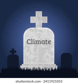 Das Klima ist tot. Grave Konzept symbolisiert Umweltzerstörungsprobleme, Klimawandel und extreme Wetterprobleme.
