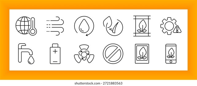 Icono de conjunto climático y ecológico. Incluye globo, termómetro, grifo, agua, hoja, engranaje, batería, tableta, teléfono, ventilador, reciclaje e iconos ambientales prohibidos