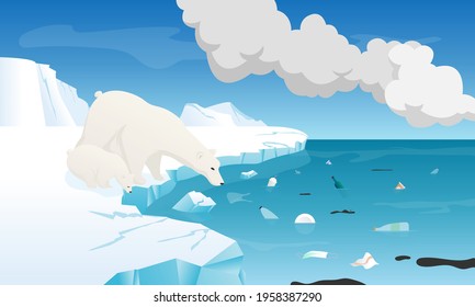 Climate emergency illustration with polar bears watching the polluted waters of the Arctic Ocean. Environmental issues. Climate emergency as a term which is used in protests against climate change.