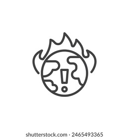Climate Emergency line icon. Planet globe with fire linear style sign for mobile concept and web design. Global warming outline vector icon. Symbol, logo illustration. Vector graphics