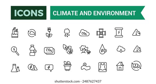 Klima- und Umweltsymbole gesetzt. Paket mit Gliederungssymbolen. Editierbare Vektorgrafik-Zeilen-Symbolsatz und -Illustration für Web- und UI-Anwendung.
