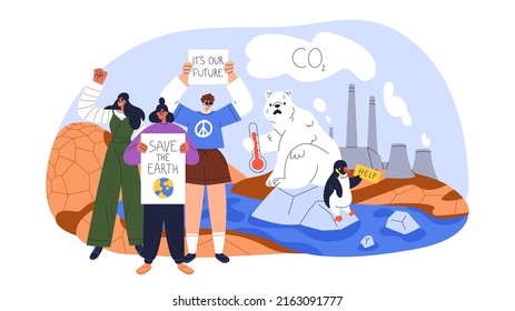 Climate, environment weather change, global warming concept. Ecology activists, industry effect, nature in danger. Environmental problems. Flat graphic vector illustration isolated on white background