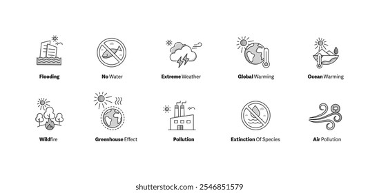 Climate and Environmental Disaster Icons. A collection of visuals addressing critical issues like air pollution, species extinction, global warming, and extreme weather patterns.