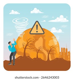Questões climáticas e ambientais com sinais de alerta, representando o aquecimento global, desastres naturais e sua influência sobre as pessoas e os ecossistemas. O conceito de alterações climáticas.