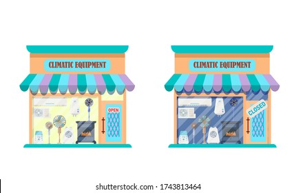 The climate equipment store is open and closed. illustrations of the exterior facade of the store building.Collection of store facades isolated on a white background.Vector illustration in flat style