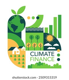 Financiación climática: recursos financieros, préstamos, subvenciones para la mitigación del cambio climático, la adaptación o la resiliencia. Decoración en estilo geométrico