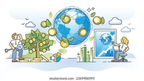 Climate FinTech for sustainable investments development outline concept. Financial technology with smart and modern stock monitoring for nature friendly and environmental profits vector illustration.