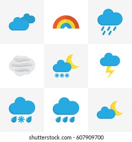 Climate Flat Icons Set. Collection Of Frosty, Windy, Bow And Other Elements. Also Includes Symbols Such As Frost, Bow, Sky.