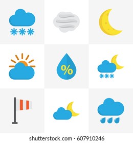 Climate Flat Icons Set. Collection Of Sunny, Drop, Rain And Other Elements. Also Includes Symbols Such As Frost, Rain, Demilune.