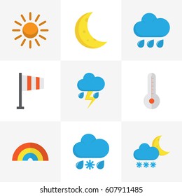 Climate Flat Icons Set. Collection Of Temperature, Sun, Moon And Other Elements. Also Includes Symbols Such As Rainy, Temperature, Bow.