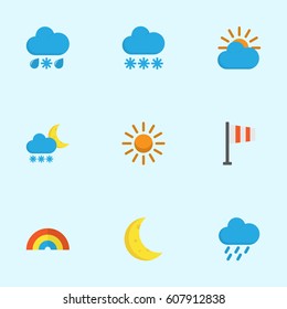 Climate Flat Icons Set. Collection Of Banner, Drizzles, Sunny And Other Elements. Also Includes Symbols Such As Demilune, Winter, Bow.