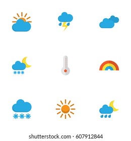 Climate Flat Icons Set. Collection Of Temperature, Snow, Overcast And Other Elements. Also Includes Symbols Such As Outbreak, Sun, Temperature.