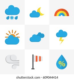 Climate Flat Icons Set. Collection Of The Flash, Crescent, Drop And Other Elements. Also Includes Symbols Such As Sun, Sky, Moon.