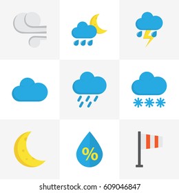 Climate Flat Icons Set. Collection Of Shower, Drop, Cloud And Other Elements. Also Includes Symbols Such As Shower, Rain, Demilune.