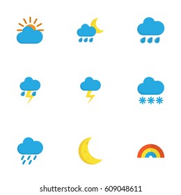 Climate Flat Icons Set. Collection Of Sunny, The Flash, Bow And Other Elements. Also Includes Symbols Such As Flash, Winter, Moon.