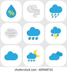 Climate Flat Icons Set. Collection Of Frosty, Rain, Storm And Other Elements. Also Includes Symbols Such As Flash, Drip, Drop.
