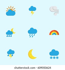 Climate Flat Icons Set. Collection Of Storm, Snow, Hailstones And Other Elements. Also Includes Symbols Such As Snow, Rainbow, Blizzard.