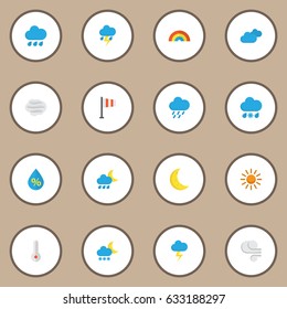 Climate Flat Icons Set. Collection Of Storm, Temperature, The Flash And Other Elements. Also Includes Symbols Such As Drip, Windy, Clouds.