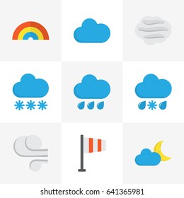 Climate Flat Icons Set. Collection Of Storm, Snow, Windy And Other Elements. Also Includes Symbols Such As Cloud, Cloudy, Rainbow.