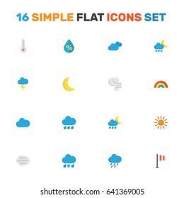 Climate Flat Icons Set. Collection Of Temperature, Bow, Sun And Other Elements. Also Includes Symbols Such As Wind, Hailstones, Overcast.