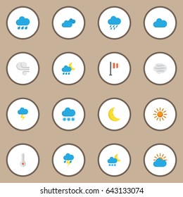 Climate Flat Icons Set. Collection Of Snow, Cloud, Shower And Other Elements. Also Includes Symbols Such As Outbreak, Cloudy, Banner.