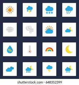 Climate Flat Icons Set. Collection Of Hailstones, Storm, Snow And Other Elements. Also Includes Symbols Such As Variegation, Demilune, Sunny.