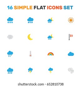 Climate Flat Icons Set. Collection Of Temperature, Hailstones, Drizzles And Other Elements. Also Includes Symbols Such As Blizzard, Rain, Cloudy.