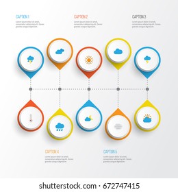 Climate Flat Icons Set. Collection Of Lightning, The Flash, Sun And Other Elements. Also Includes Symbols Such As Moon, Outbreak, Storm.