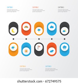 Climate Flat Icons Set. Collection Of Sun, Cloud, Bow And Other Elements. Also Includes Symbols Such As Frost, Variegation, Sun.