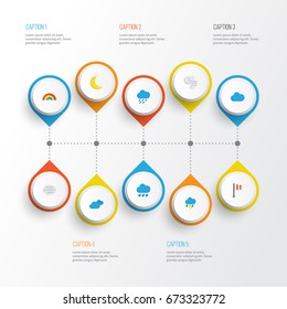 Climate Flat Icons Set. Collection Of Bow, Overcast, Rain And Other Elements. Also Includes Symbols Such As Demilune, Moon, Flag.