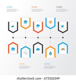 Climate Flat Icons Set. Collection Of Snow, Sun, Storm And Other Elements. Also Includes Symbols Such As Crescent, Winter, Variegation.