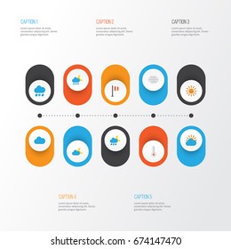 Climate Flat Icons Set. Collection Of Crescent, Banner, Hailstones And Other Elements. Also Includes Symbols Such As Cloud, Flag, Frost.