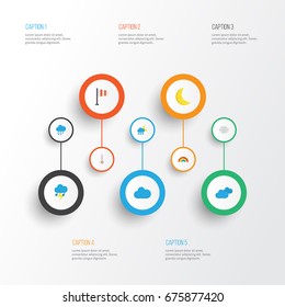 Climate Flat Icons Set. Collection Of Lightning, Overcast, Bow And Other Elements. Also Includes Symbols Such As Thermometer, Cloudy, Rain.