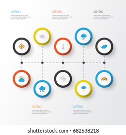 Climate Flat Icons Set. Collection Of Windy, Storm, Rain And Other Elements. Also Includes Symbols Such As Rainbow, Sunny, Cloud.