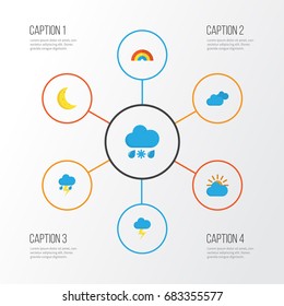 Climate Flat Icons Set. Collection Of The Flash, Overcast, Moon And Other Elements. Also Includes Symbols Such As Sky, Demilune, Clouds.