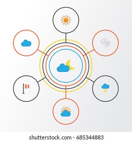 Climate Flat Icons Set. Collection Of Storm, Banner, Cloud And Other Elements. Also Includes Symbols Such As Blizzard, Lightning, Crescent.