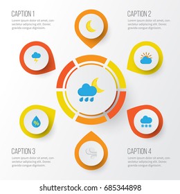 Climate Flat Icons Set. Collection Of Snow, Sunny, Storm And Other Elements. Also Includes Symbols Such As Winter, Cloud, Sunny.