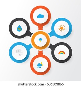 Climate Flat Icons Set. Collection Of Storm, Hailstones, Lightning And Other Elements. Also Includes Symbols Such As Sun, Sunny, Shower.