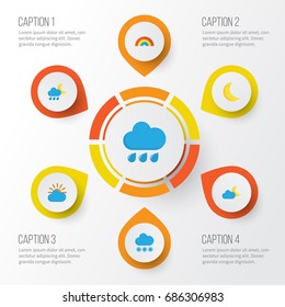 Climate Flat Icons Set. Collection Of Moon, Sunny, Snow And Other Elements. Also Includes Symbols Such As Sun, Sunny, Snow.