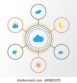 Climate Flat Icons Set. Collection Of Sunny, Sun, Crescent And Other Elements. Also Includes Symbols Such As Shower, Overcast, Cloud.