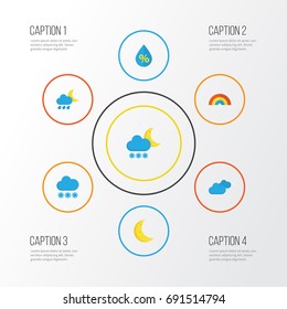 Climate Flat Icons Set. Collection Of Snow, Hailstones, Moon And Other Elements. Also Includes Symbols Such As Clouds, Moon, Hailstones.