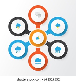 Climate Flat Icons Set. Collection Of Lightning, Snow, Drizzles And Other Elements. Also Includes Symbols Such As Shower, Drizzles, Hailstones.