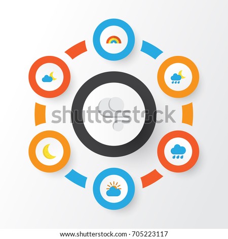 Climate Flat Icons Set. Collection Of Sunny, Rain, Moon And Other Elements. Also Includes Symbols Such As Demilune, Sun, Variegation.