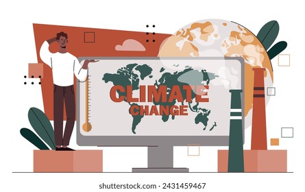 Climate global warming concept. Man look at computer monitor with map. International ecological problems. Care about nature. Cartoon flat vector illustration isolated on white background