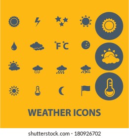 Klima, heißes Wetter, Regen, kalte Temperatur, sonniger Tag, Wind, Vorhersage, Thermometer, Sonne, Wolken, Blitz, Sterne, Mond, Flaggen Symbole, Symbole, Satz, Vektorgrafik