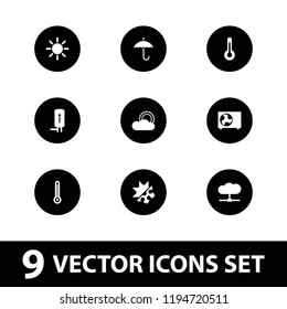 Climate icon. collection of 9 climate filled icons such as sun, cloud, geyser, air conditioner, temperature, cold and hot mode. editable climate icons for web and mobile.