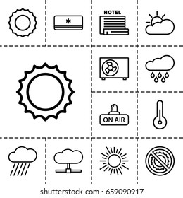 Climate icon. set of 13 outline climateicons such as rain, no brightness, open air, sun, air conditioner, temperature, sun cloud