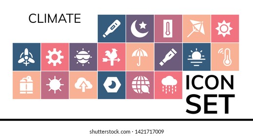 climate icon set. 19 filled climate icons.  Simple modern icons about  - Thermometer, Wind, Oxygen tank, Sun, Cloud, Night, Ecology, Rain, Vane, Umbrella, Sunrise