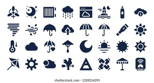 climate icon set. 32 filled climate icons. on blue background style Collection Of - Wind, Tornado, Temperature, Umbrella, Night, Cloud, Sun, Heater, Cloudy, Rain, Vane, Air, Ocean